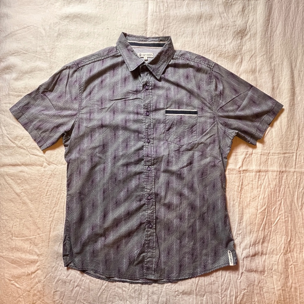 Mens Shirt Smash Short Sleeve Button Up Top XL Purple and Gray 100% Cotton